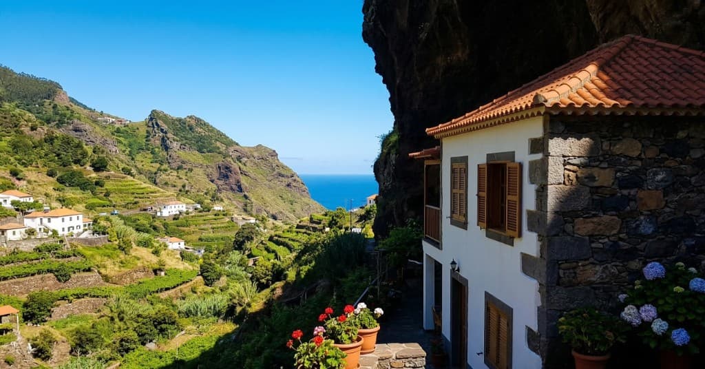 Madeira hillside homes with ocean view and bright sky