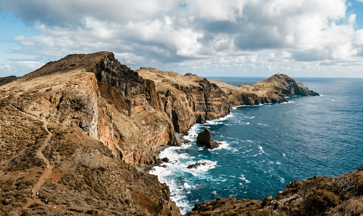 Madeira island coastline with rugged cliffs and Atlantic Ocean